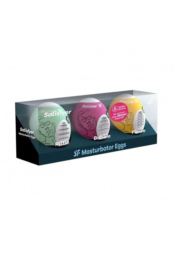 PACK DE 3 MASTURBADOR MASTURBATOR EGG RIFFLE, BUBBLE E FIERCE SATISFYER